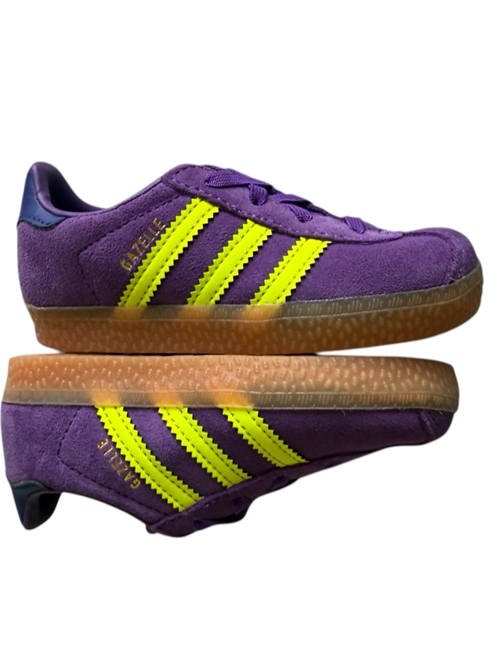 adidas Kids Gazelle Suede Sneaker - Purple with Neon green Stripes - Picture 9 of 11